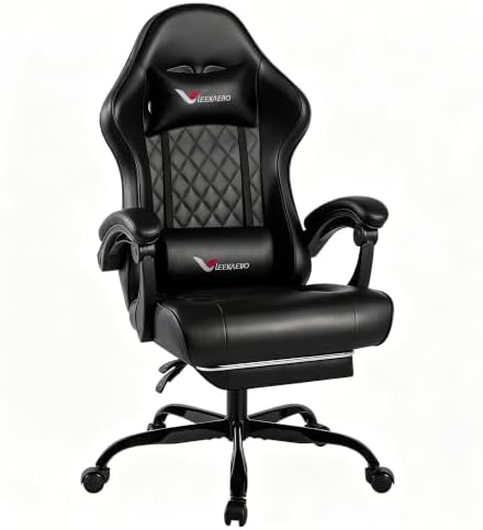 Black Gaming Chair for Adults with Independent Pocket Spring Cushion Seat, Ergonomic Office Chair with Footrest, Leather Executive Chair