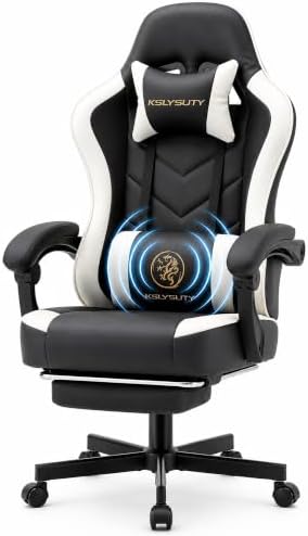 Office Desk Computer Gaming Chair for Adults, Ergonomic High Back Gamer Chair with Massage and Pocket Spring Cushion, Swivel Comfy Video Game Chairs with Footrest and Lumbar Support (Black White)