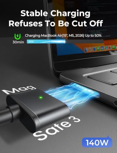 LISEN USB-C to Magnetic 3 Cable (3.3FT/Black) for M4 MacBook Air Pro Charger, 140W Magnetic Safe 3 Cable for MacBook Air (15''/13'' M4 2025, M3 2024, M2 2023, M2 2022), Pro (16"/14" 2024/2023/2021)