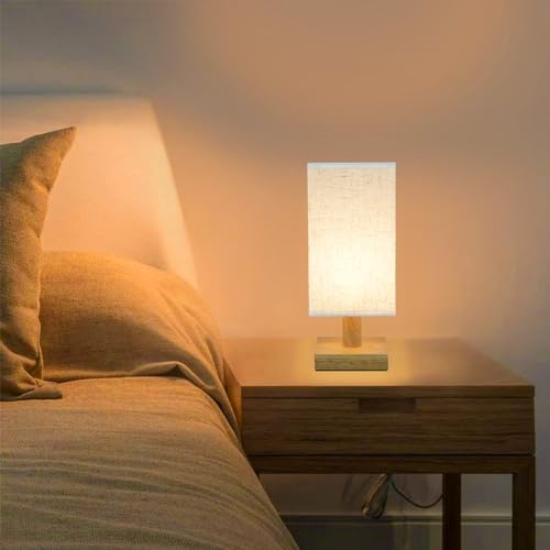 Small Bedside Table Lamp for Bedroom, Minimalist Nightstand Lamp with Square Fabric Linen Shade, Mini Cute Study Reading Desk Lamp Night Table Lamp for Living Room,Nursery, Home, Office,4.3in