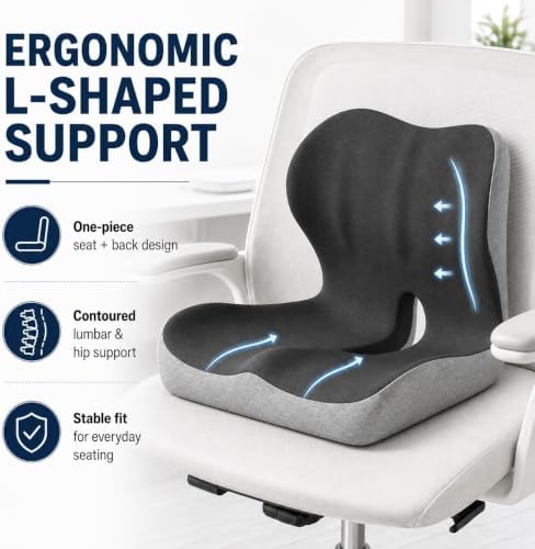 Celinva Orthopedic Cushion Seat Cushion,L-Shaped Lumbar Support,Breathable,Design for Office Chair,Car,Wheelchair Ergonomic Non Slip MemoryFoam Seat Skin with Back Support (Black pro)