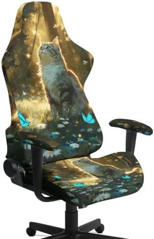 Cat Daisy Butterfly Print Gaming Chair Cover Non Slip Universal Furniture Protector Stretchable Breathable Gamer Chair Slipcover with Armrest Covers