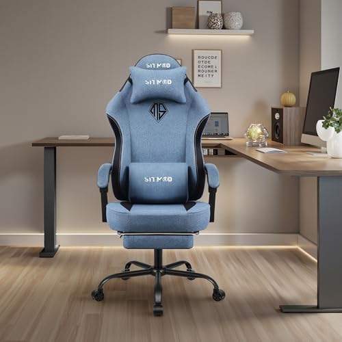 Gaming Chairs for Adults with Footrest Fabric Computer Ergonomic Video Game Chair-Backrest and Seat Height Adjustable Swivel Task Chair with Headrest and Lumbar Support(Blue)