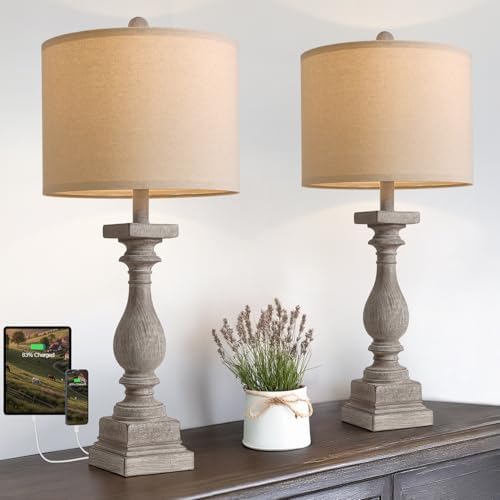 BOBOMOMO 27" Farmhouse Table Lamps with USB-A +C Ports, Vintage Rustic Lamps for Living Room, Linen Shade, Retro Side Table Lamps Set of 2 for Living Room,Bedroom,Night Stands (Blubs not Included)