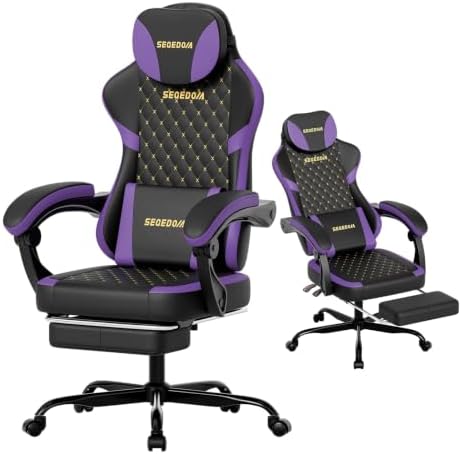 Ergonomic Gaming Chair with Footrest & Massage Lumbar Pillow, Height Adjustable 360° Swivel Computer Chair, Linked Armrest & Headrest for Office Gaming (Black Purple)