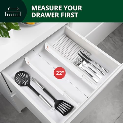 Bamboo Drawer Dividers Organizers, Adjustable Drawer Separator Splitters, 17–22 Inches Expandable Drawer Divider Organizer for Large Utensils, Kitchen, Bedroom, Dresser & Office Drawers 4-Pack, White