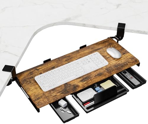 ETHU Corner Keyboard Tray Under Desk with Metal Rail, 26.8x11.8", Walnut