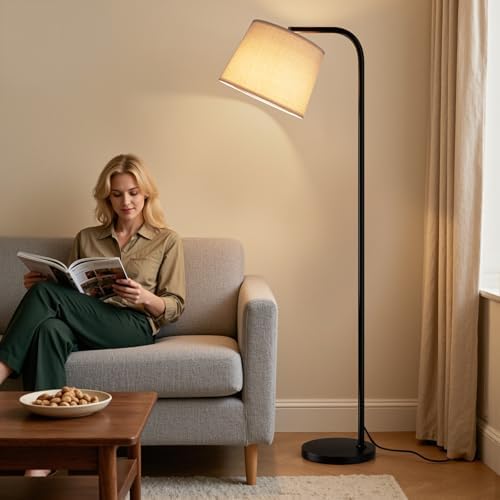Ambimall Remote-Controlled Floor Lamp - Color Temperature Adjustable and Fully Dimmable, Standing Lamp for Living Room with Rotating Head, Tall Lamp for Bedroom, 9W Bulb Included (Black and Beige)