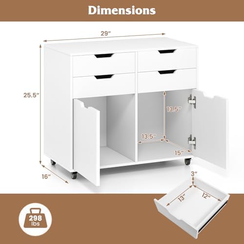 GIANTEX 4-Drawer File Cabinet, Rolling Printer Stand with 2 Lockable Wheels, Wooden Lateral Filing Cabinet, Load 298 Lbs, Under Desk Craft Storage Organizer for Home Office Organization (White)