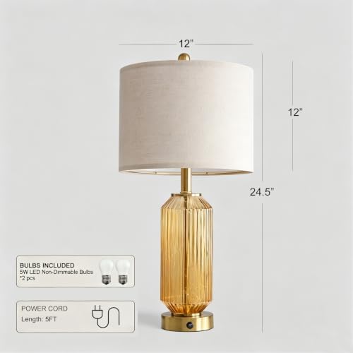 Oneach 24.5" Bedside Table Lamps Set of 2, Amber Glass Lamp with Nightlight
