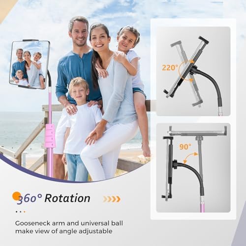 Aureday Adjustable Tripod Stand, 67” Height, Tablet Holder for iPad mini/Air/Pro, Kindle, Switch, Smartphones, 4.7”-12.9” Devices, Pink