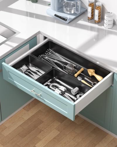 10 Pack Large Size Plastic Drawer Organizers Set, 3 Sizes Desk Drawer Organizer Trays, Storage Bins for Vanity, Makeup, Bathroom, Kitchen Utensils and Office (Black)