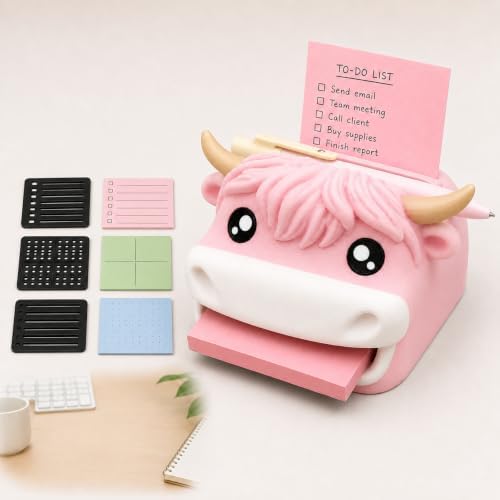 Note Toad Desk Organizer Sticky Note Holder – Frog Shaped Sticky Note Stencil and Holder with 3 Writing Guides, Creative Sticky Note Dispenser for Desk，Pink Highland Cow