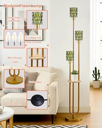 62IN Gold Floor Lamp with Green Glass Shade 3-Lights Mid-Century Modern Farmhouse Floor Lamps with 3000K Warm White Bulbs, Tall Standing Lamp 5Lbs Heavy Base for Living Room/Bedroom/Corner