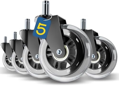 Office Chair Wheels Replacement,3" Rubber Casters 7/16" Stem,Universal fit for Most Rolling/Gaming Chairs,Floor Protection for Carpet/Hardwood/Tile,Smooth&Quiet Rolling,Set of 5 (Transparent)