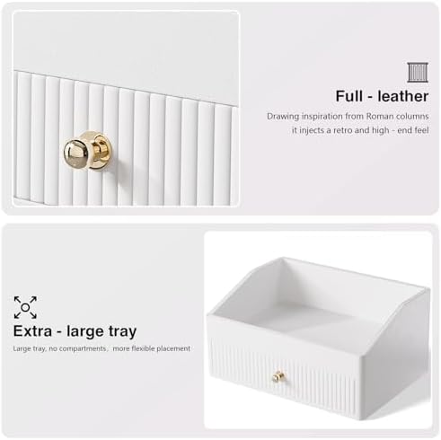 LADSTAG Office Desk Accessories,Beige White Vegan Leather Office Organizer with 1 Drawer & Tray,Pen Holder with Gold-Tone Metal Accents Knob for End Tables,Bedside Table,Bedroom.