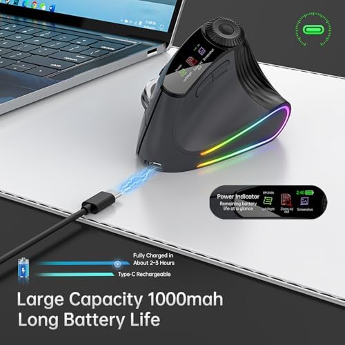 Ergonomic Vertical Mouse Wireless, Rechargeable Bluetooth Ultra-Fast Scrolling 4800 DPI Ergo Mouse, 2.4G Quiet Clicks 6 Buttons RGB Optical Mice, 3 Multi-Device Connectivity for Mac, Laptop