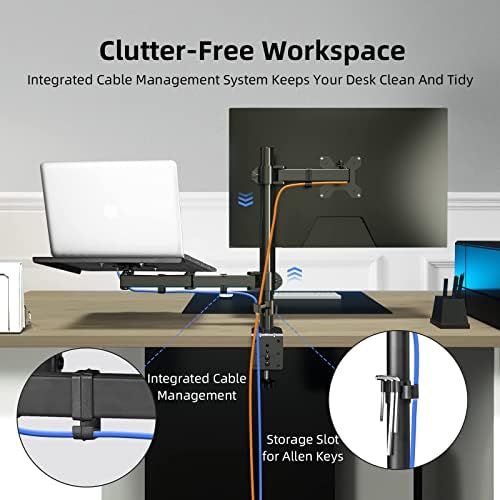 Suptek Monitor and Laptop Mount Holds 13-32 inch Computer Screen, Adjustable Monitor Arm Stand with Laptop Tray for 13-27 inch, Hold 22 lbs, with Clamp and Grommet Mounting Base