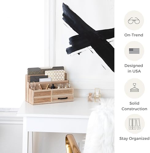 BLU MONACO | Natural Wood Mail Organizer with Drawer & Pen Holder | Rustic Desk Organizer for Bills, Letters & Countertop Storage | Wooden Desktop Mail Sorter for Home & Kitchen