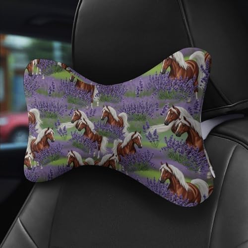 2 Pack Memory Foam Car Neck Pillow Lavender Flowers Horse Headrest Cushion Adjustable Strap for Neck Pain Relief
