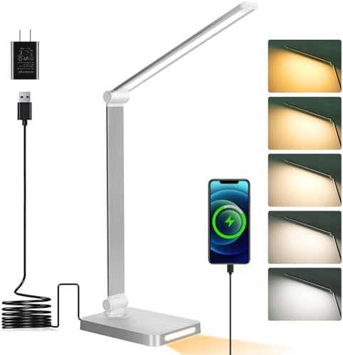 Dott Arts LED Desk Lamp with USB Ports,Touch Desk Lamps for Home Office with 5 Color Modes,3 Brightness Desk Light with Small Night Light,Reading Lamp Table LED Lamp for Bedroom Bedsid Study Sliver