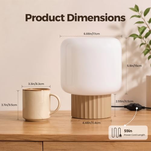 VOLISUN Mushroom Lamp, Plug-in Table Lamp with White Glass Shade, 2700K Warm White & Stepless Dimming, Modern Bedside Lamp for Bedroom, Living Room and Home Decor, 1 Pack (Brown)