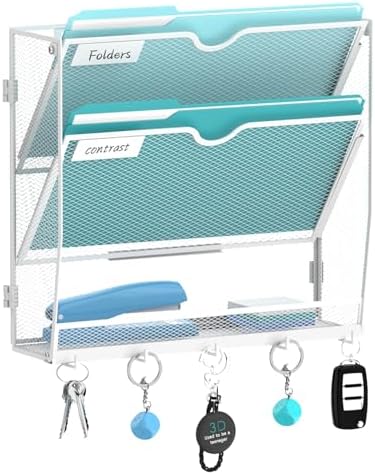 3-Tier Wall File Organizer and Mail Organizer with 5 Hooks, White
