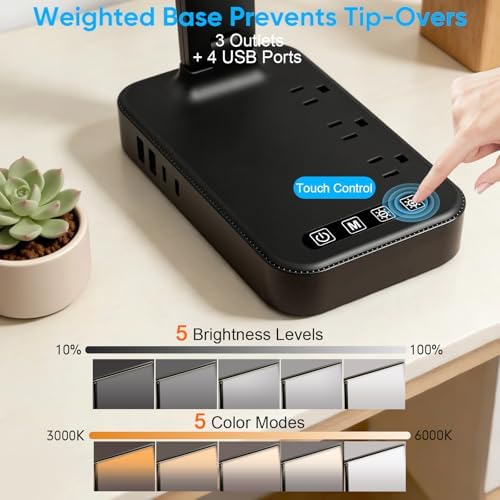 karidi LED Desk Lamp with Power Strip, 3 AC Outlets & 4 USB Ports (2 USB-C), Eye-Caring Task Light, 5 Color Modes 5 Brightness Dimmable, Sturdy Base Home Office Dorm Room Essentials
