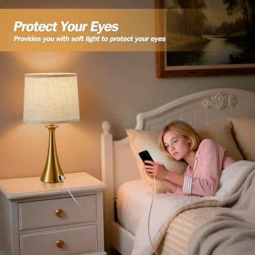 Touch Table Lamps Set of 2, 21" Bedside Lamps with USB C+A, Gold