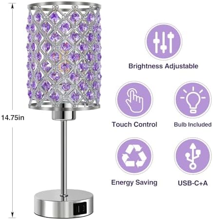 GyroVu Purple Crystal Bedside Table Lamps Set of 2 with USB C+A Ports
