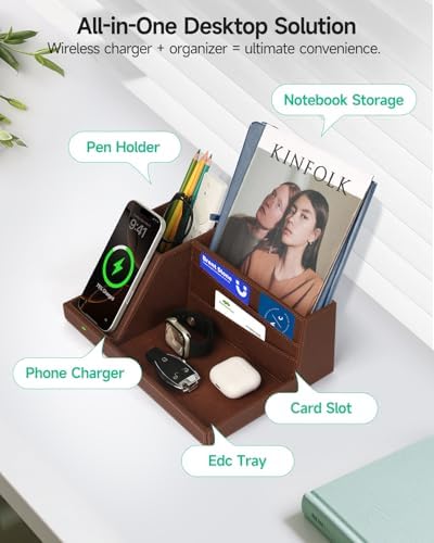Fast Wireless Charging Station with Desk Organizer for iPhone 17/16/15/15 Pro/14/14 Pro Max/14 Pro/14 Plus/13/13 Pro Max/13 Pro/and iPhone 12/11 Series, Nightstand Desktop Organizer, Brown