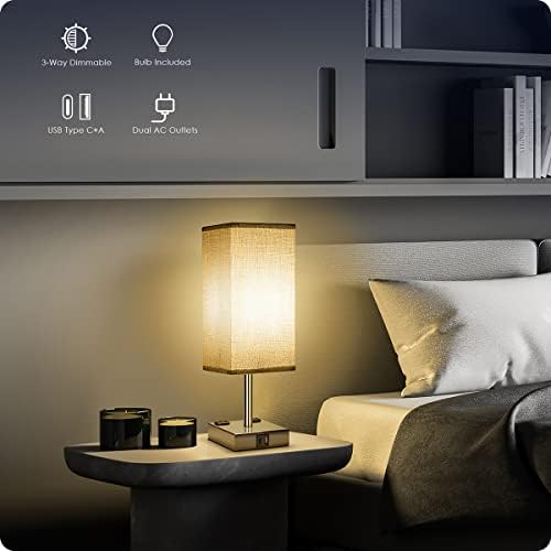 Bedside Lamp with USB Ports - Touch Control Table Lamp for Bedroom with USB C+A Charging Ports & AC Outlets, 3 Way Dimmable Nightstand Light for Living Room (LED Bulb Included, Chrome - Grey)