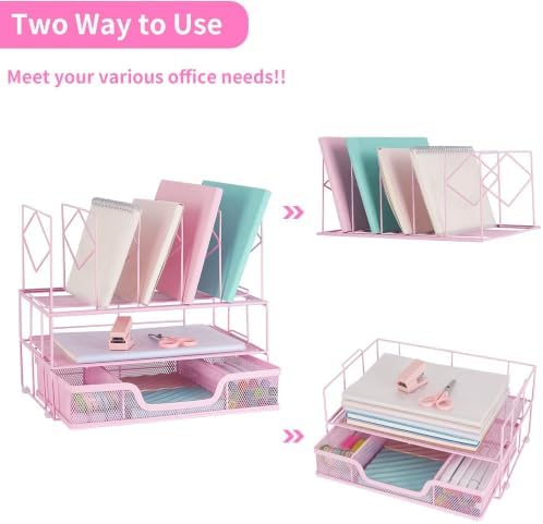 Desk Organizers and Accessories, 2-Tier Desk Organizer with Drawer, Pink