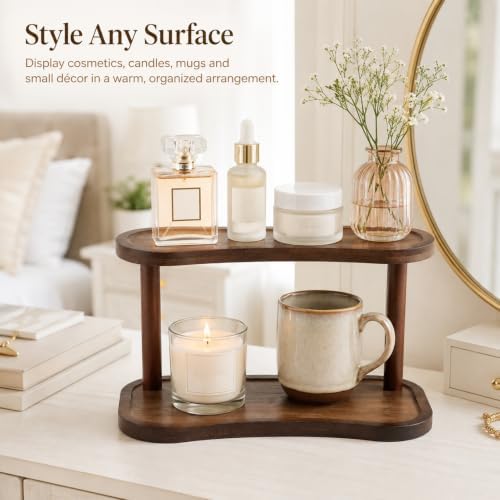 Bamboo Desktop Organizer Shelf, 2-Tier Wooden Bathroom Organizer Countertop, Natural Bamboo Display Stand for Perfume, Makeup, Coffee Mugs