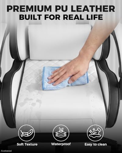 LUCKRACER Gaming Chair with Pocket Spring Cushion and Footrest, PU Leather 90°-155° Reclining Computer Chair, 4.5" Height Adjustment, Ergonomic Office Chair with Lumbar Support, White