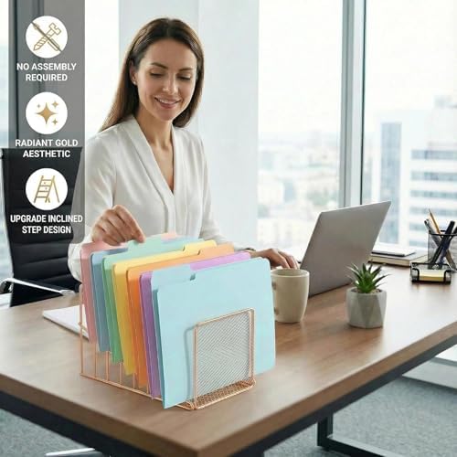Rose Gold Desk Organizer 7 Slot Inclined Vertical File Folder Holder Sorter with Mesh Front – Metal Wire Rack for Mail, Slim Binders, Books Office Organization & Desktop Accessories