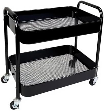 2 Tier Short Rolling Cart with Wheels for Under Desk Storage & Panrty Floor Organizer, Large Capacity Metal Kitchen Utility Cart, Sturdy Makeup Organizer for Small Space with 4 Hooks, Black