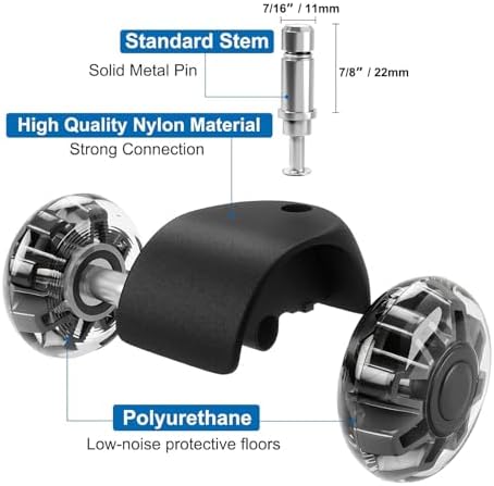 Office Chair Wheels, 2 Inch Rubber Rollers, Heavy Duty, Safe for Hardwood Floors, Carpets, Mats, Universal Size 11x22mm, Smooth and Quiet, Set of 5 (Black & Clear-Dual/2inch)