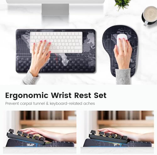 Ospelelf Ergonomic Mouse Pad and Keyboard Stand Wrist Rest Set, Memory Foam Comfort, Pain Relief for Typing, Office Desk Accessories, Map