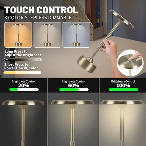 Cordless Rechargeable Modern Metal Table Lamp, Touch Dimming, 3-Color