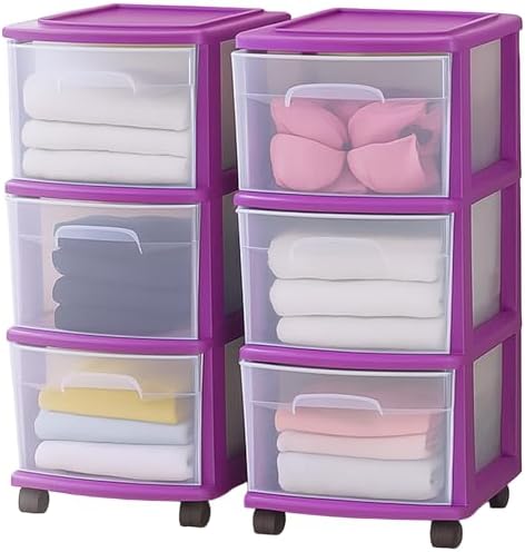 HOMZ Drawer Tower, 3-Tier Storage Cart w/Removable Wheels, Purple, 2 Pack
