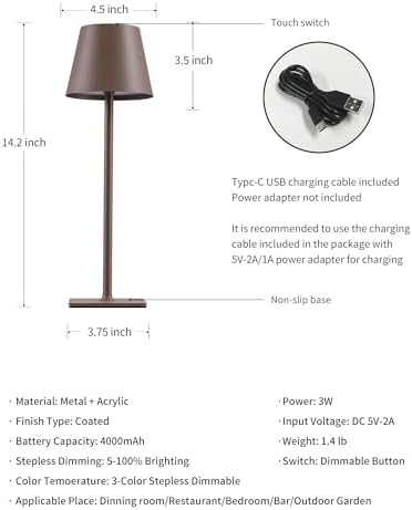 KDG 2 Pack Cordless Brown Table Lamps, Rechargeable Portable LED Desk Lamps