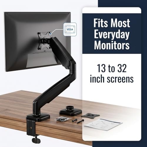 Mount-It! Single Monitor Arm Desk Mount, Gas Spring Monitor Mount, Fits 13–32" Screens up to 17.6 lbs, VESA 75x75 & 100x100, Full Motion Tilt Swivel Rotate, C-Clamp & Grommet Base (Pack of 6)