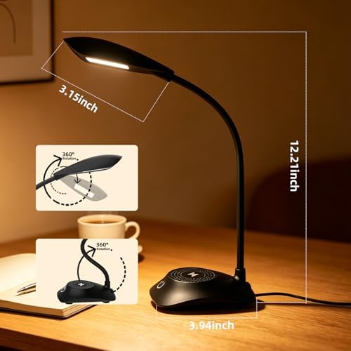 Desk Lamp with Wireless Charger College Dorm Home Office Bedside Black