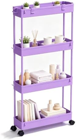 SPACELEAD Slim Storage Cart 3 Tier,Bathroom Organizer Rolling Utility,Mobile Shelving Unit Slide Out for Office, Kitchen, Laundry Room & Narrow Places,Purple