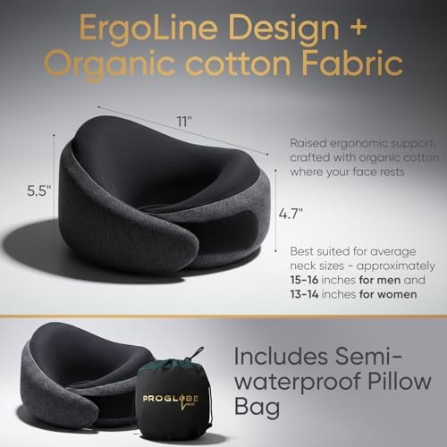 Proglobe Luxe Travel Neck Support Pillow, 100% Memory Foam, Ash Black