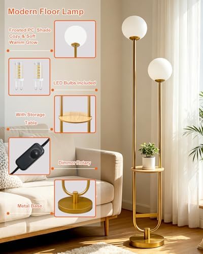 Lightdot 2 Globe Gold Floor Lamp with Table Mid Century Standing Lamps with 3000K LED Bulbs Unique U-Pole Vintage Tall Floor Lamp with 5Lbs Heavy Base for Living Room/Bedroom/Wedding/Party/Home Decor