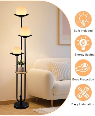63IN Globe Floor Lamp with Table, 3-Lights Modern Dimmable Floor Lamps with 3000K Warm White Bulbs for Wedding/Party, Black Tall Standing Lamp with 5Lbs Heavy Base for Living Room/Bedroom