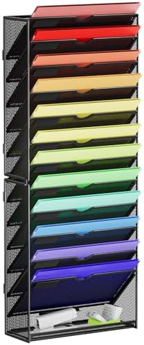 Marbrasse Wall File Holder 13-Tier Hanging Wall File Organizer, for Papers, Files Clipboard & Magazine Organizer, Wall Mount File Holder Great for Office Home (Black)