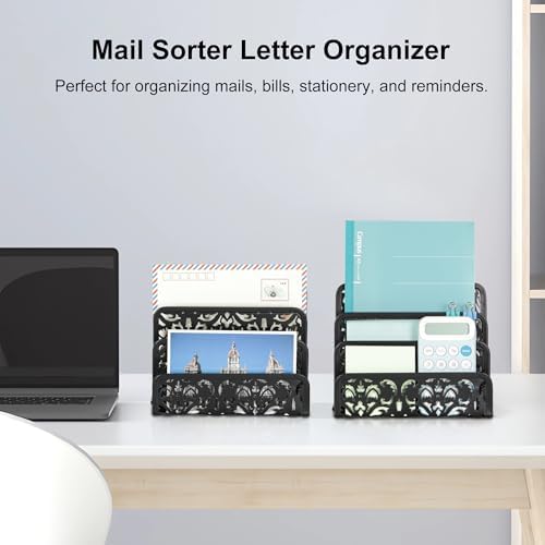 EasyPAG Mail Organizer Countertop 2pc Desk Mail Sorter for Envelope 3-Slot Vertical Letter Holder for Office, Home, School, Black